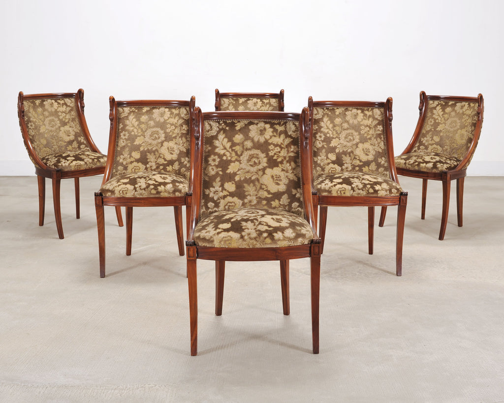 Set of Six French Empire Mahogany Swan Gondola Dining Chairs