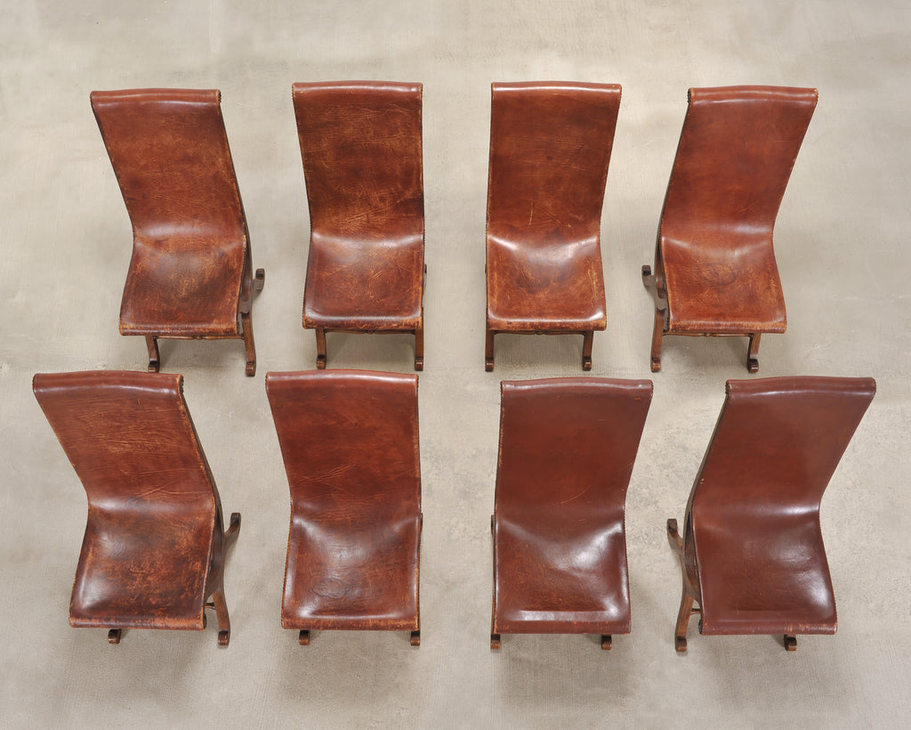 Set of Eight French Provincial Leather Oak Curule Dining Chairs