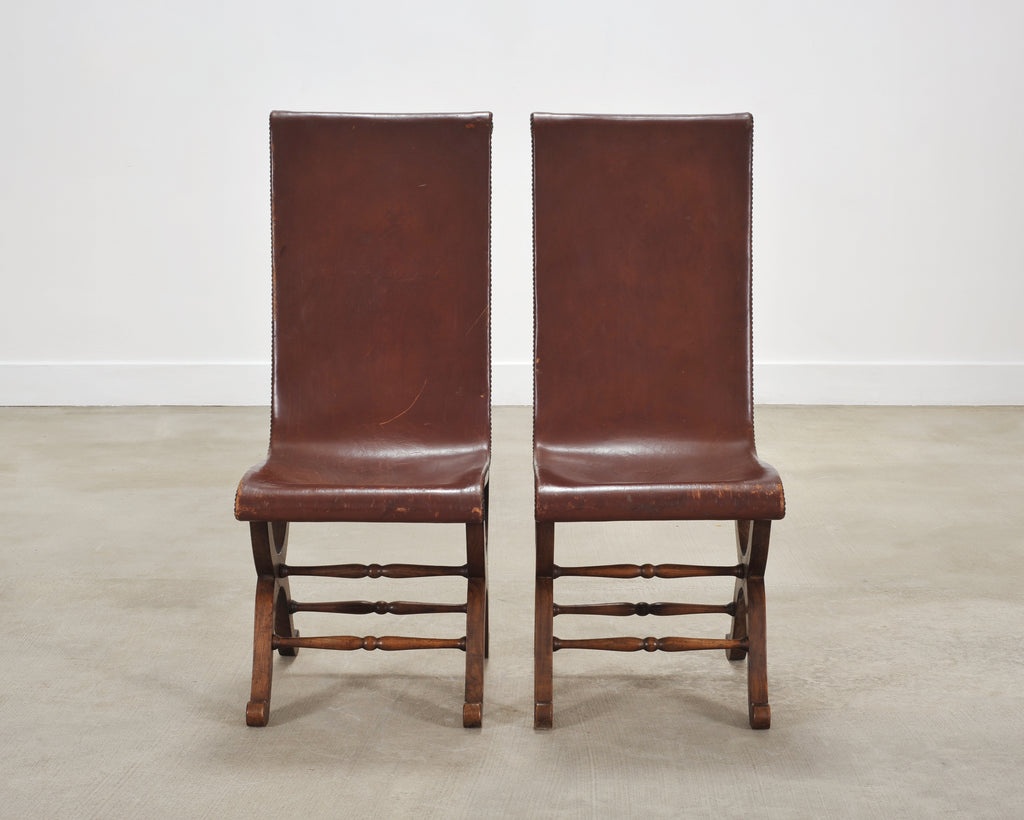 Set of Eight French Provincial Leather Oak Curule Dining Chairs