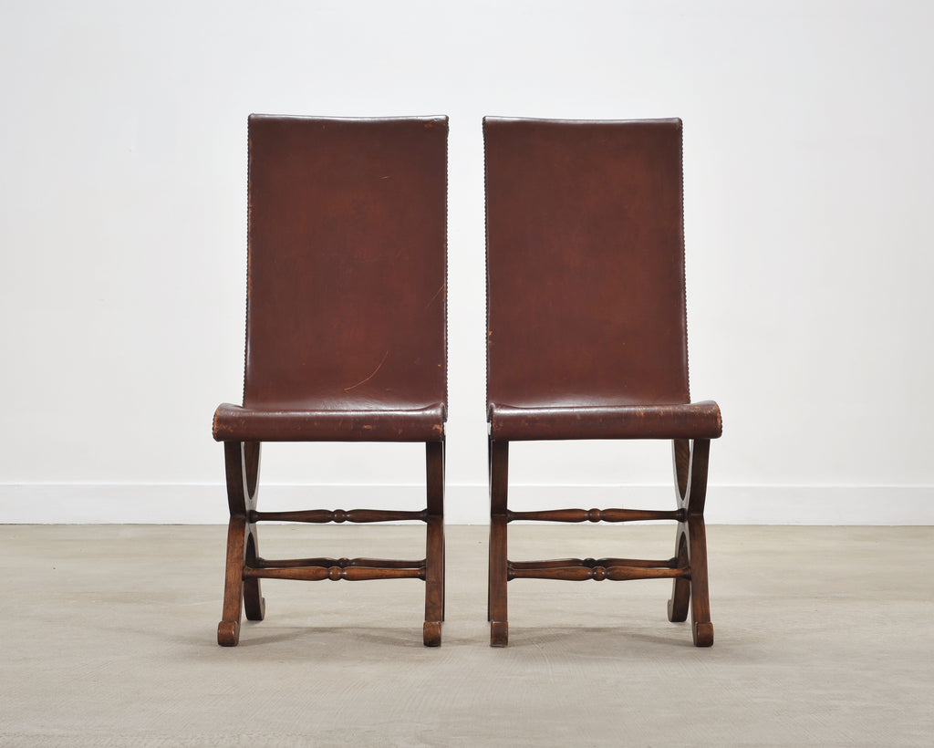 Set of Eight French Provincial Leather Oak Curule Dining Chairs