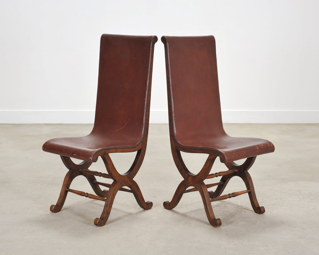 Set of Eight French Provincial Leather Oak Curule Dining Chairs