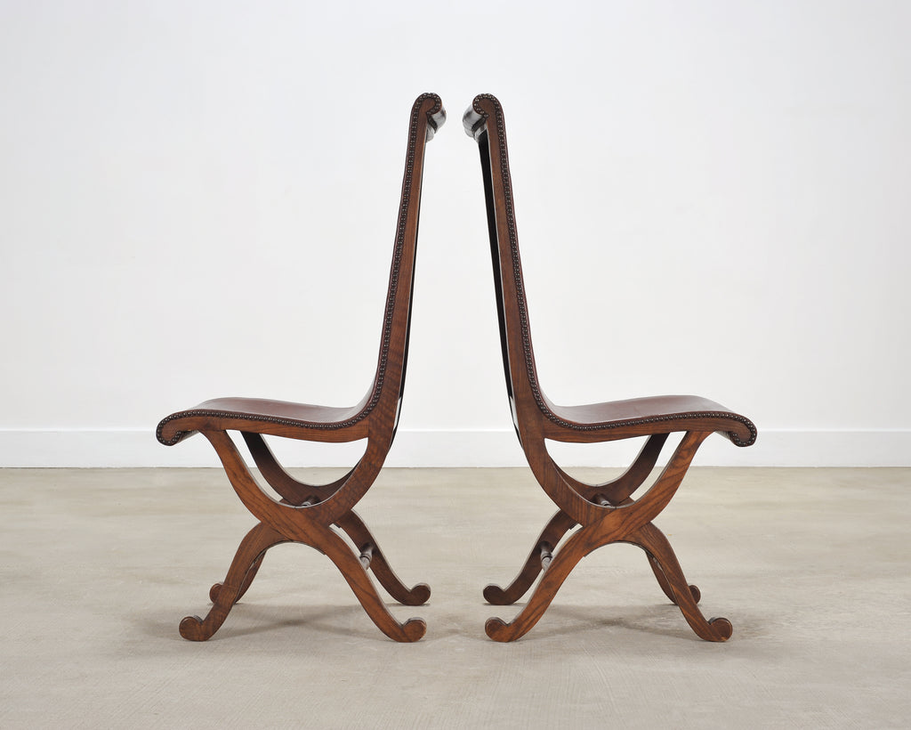 Set of Eight French Provincial Leather Oak Curule Dining Chairs
