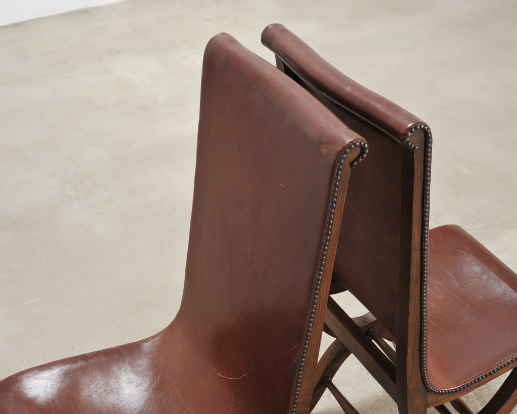 Set of Eight French Provincial Leather Oak Curule Dining Chairs
