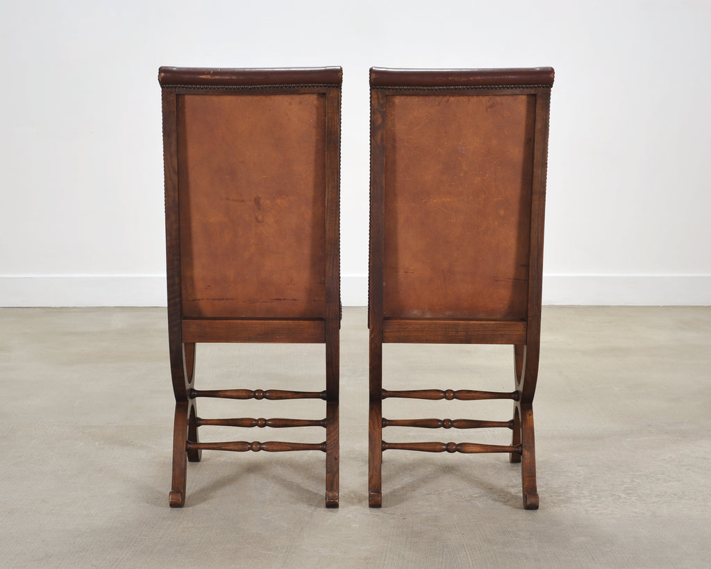 Set of Eight French Provincial Leather Oak Curule Dining Chairs