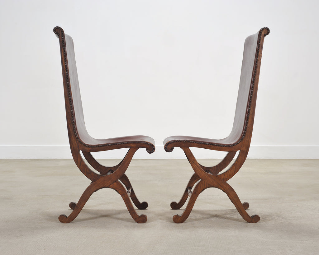 Set of Eight French Provincial Leather Oak Curule Dining Chairs