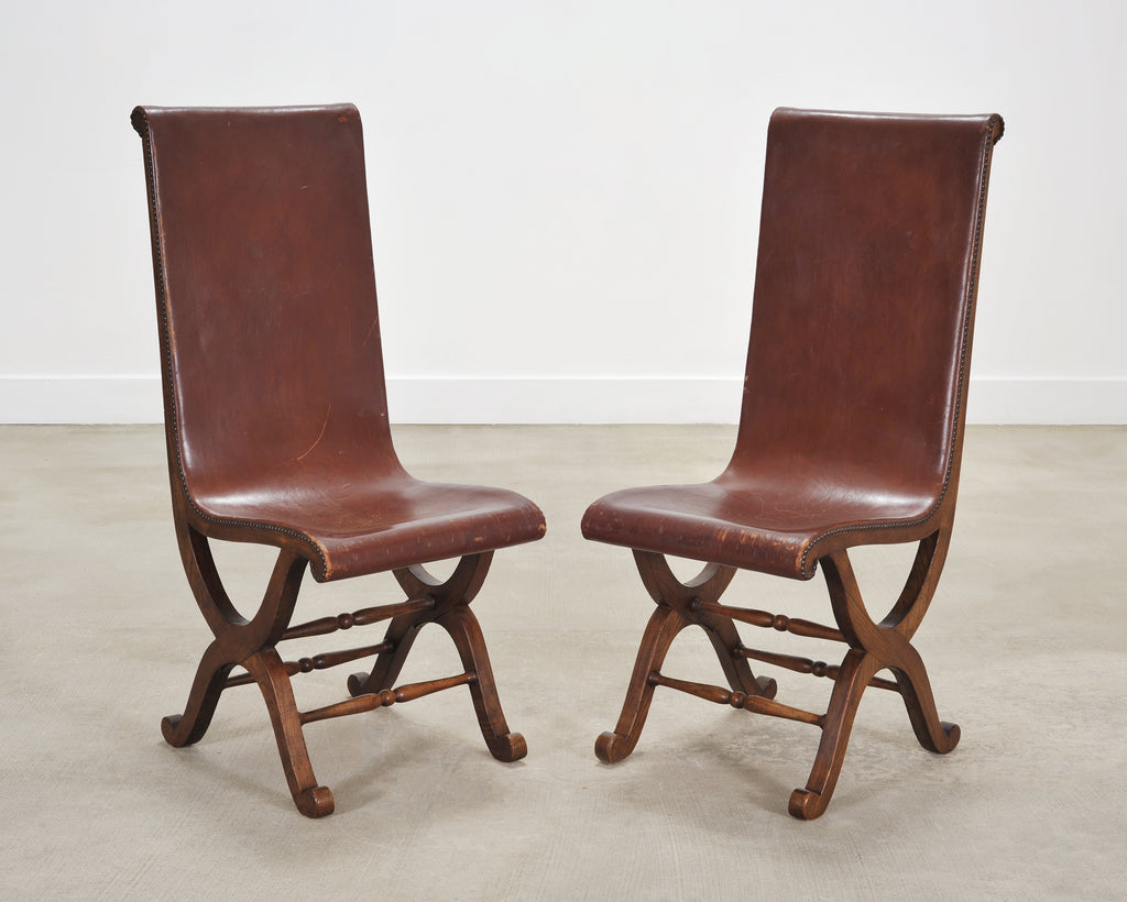 Set of Eight French Provincial Leather Oak Curule Dining Chairs