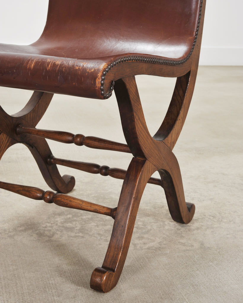 Set of Eight French Provincial Leather Oak Curule Dining Chairs