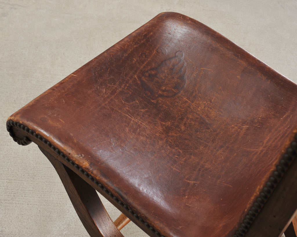Set of Eight French Provincial Leather Oak Curule Dining Chairs