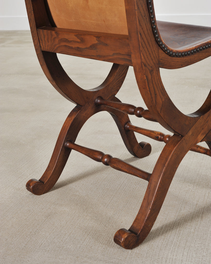 Set of Eight French Provincial Leather Oak Curule Dining Chairs