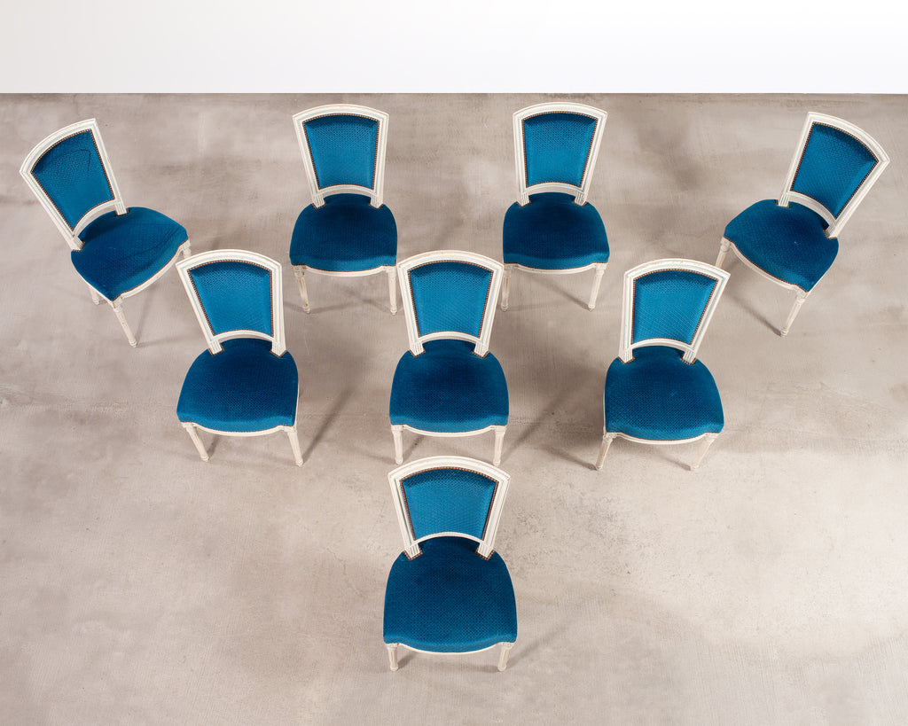 Set of Eight Louis XVI Style Painted Dining Chairs in Blue Velvet