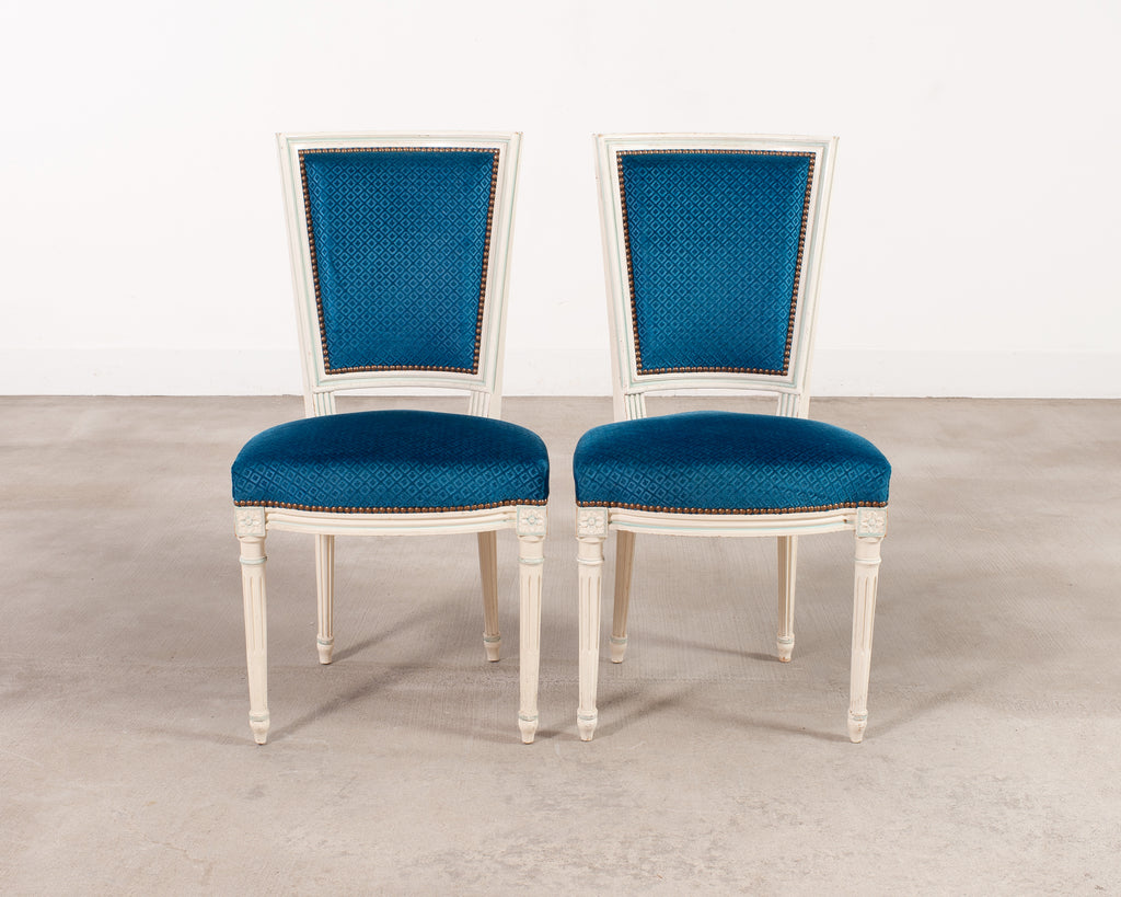Set of Eight Louis XVI Style Painted Dining Chairs in Blue Velvet