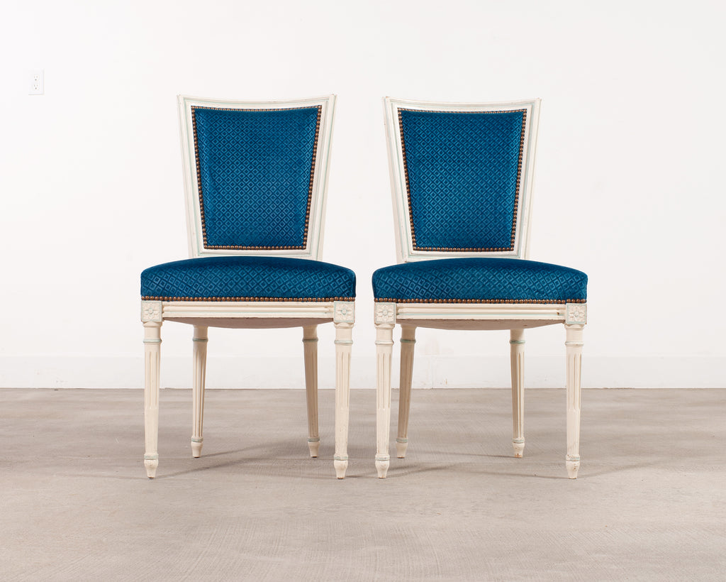 Set of Eight Louis XVI Style Painted Dining Chairs in Blue Velvet