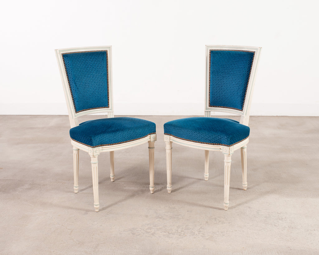Set of Eight Louis XVI Style Painted Dining Chairs in Blue Velvet