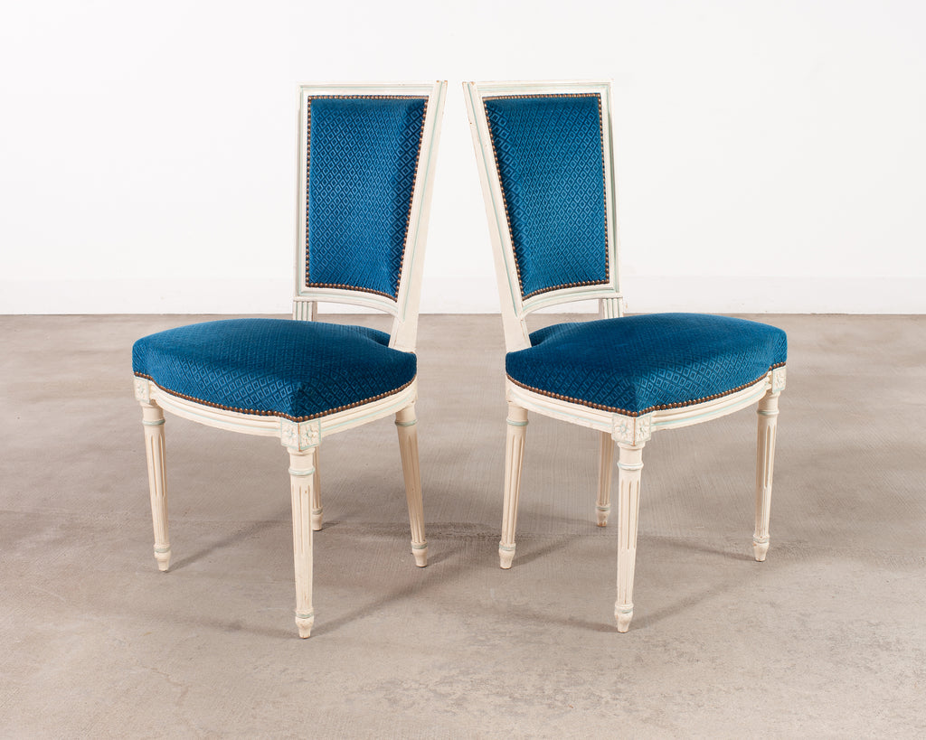 Set of Eight Louis XVI Style Painted Dining Chairs in Blue Velvet
