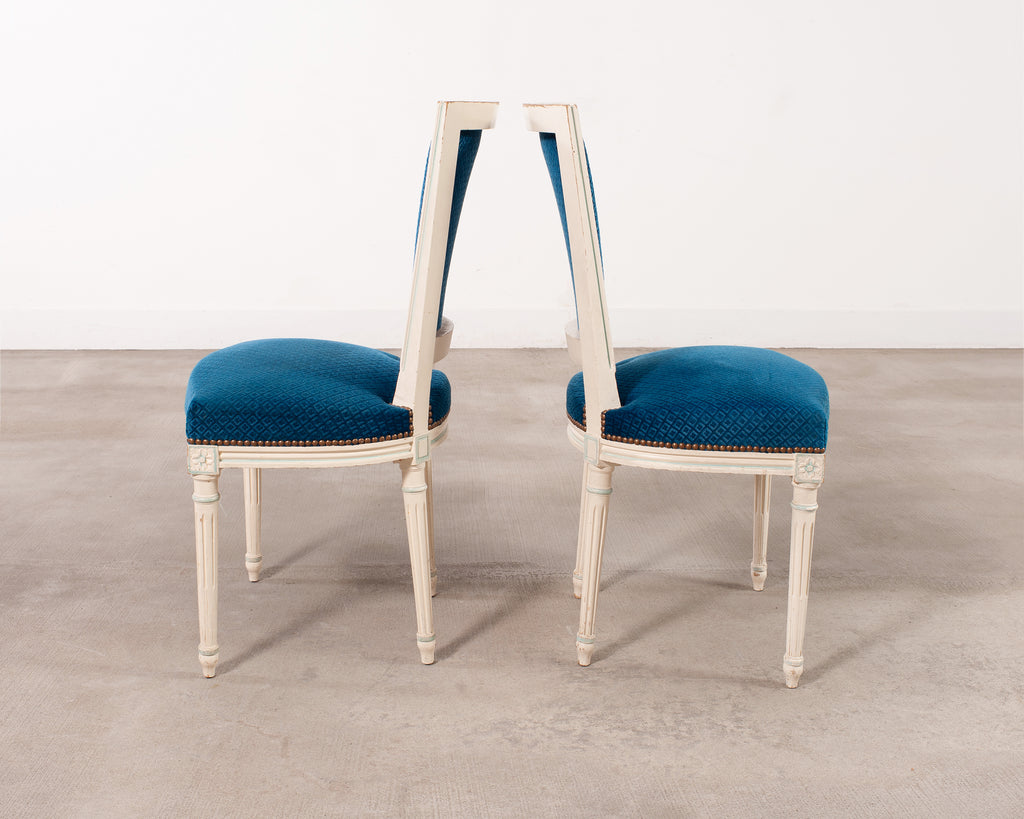 Set of Eight Louis XVI Style Painted Dining Chairs in Blue Velvet
