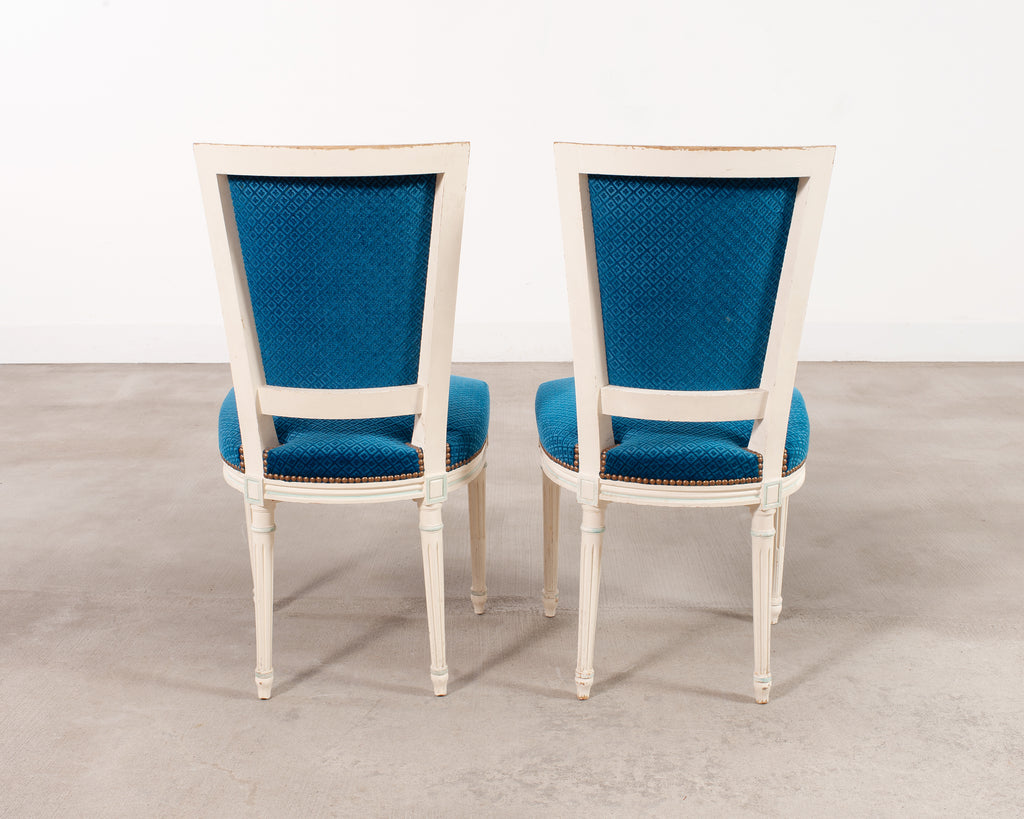 Set of Eight Louis XVI Style Painted Dining Chairs in Blue Velvet