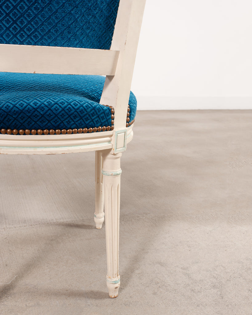 Set of Eight Louis XVI Style Painted Dining Chairs in Blue Velvet