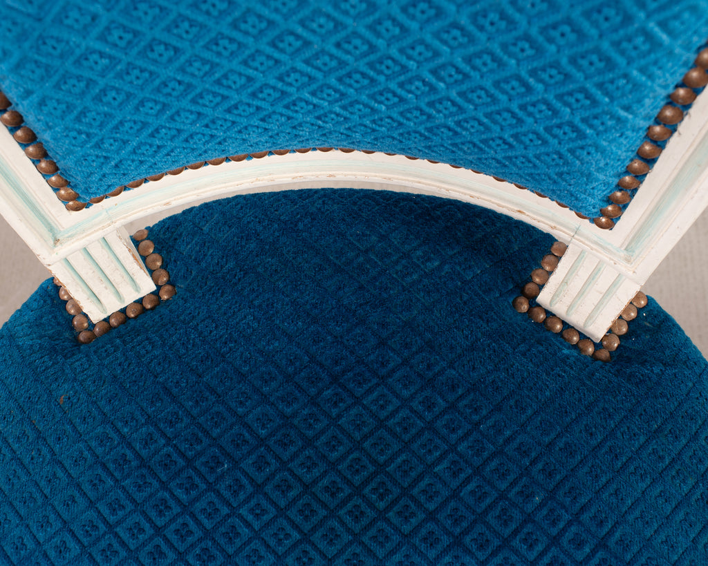 Set of Eight Louis XVI Style Painted Dining Chairs in Blue Velvet