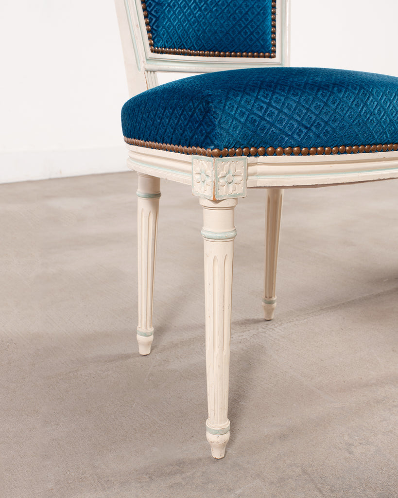 Set of Eight Louis XVI Style Painted Dining Chairs in Blue Velvet