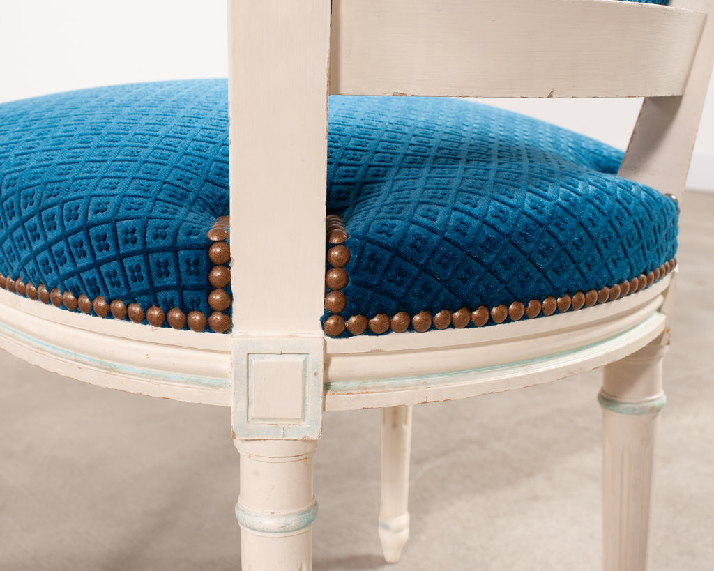 Set of Eight Louis XVI Style Painted Dining Chairs in Blue Velvet