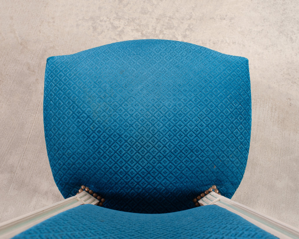 Set of Eight Louis XVI Style Painted Dining Chairs in Blue Velvet