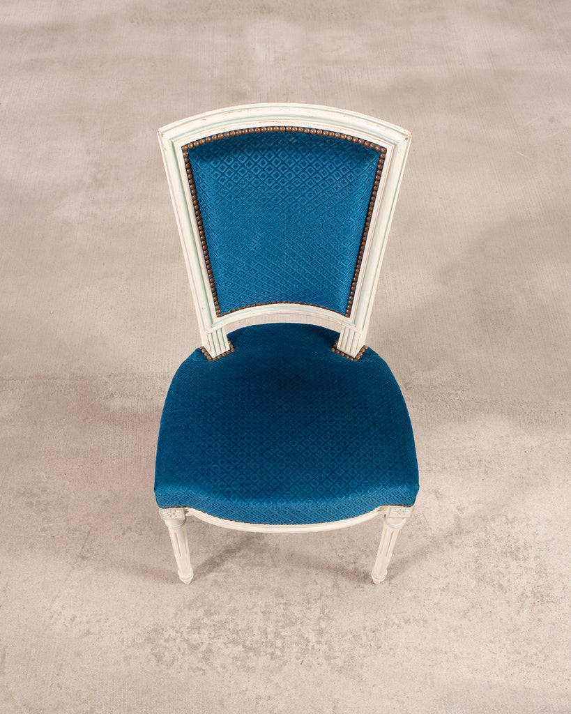 Set of Eight Louis XVI Style Painted Dining Chairs in Blue Velvet
