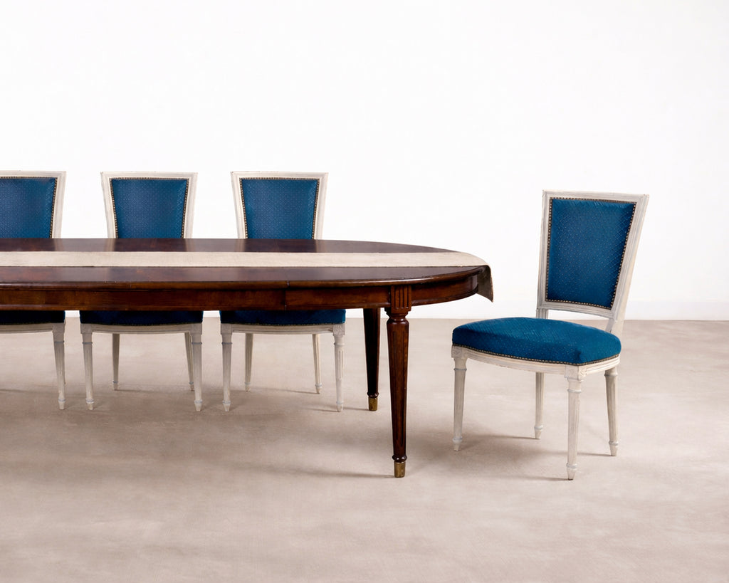 Set of Eight Louis XVI Style Painted Dining Chairs in Blue Velvet