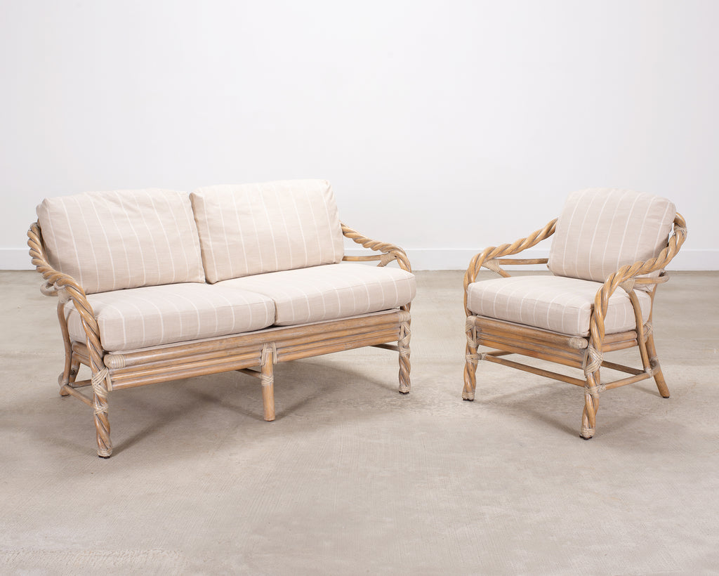 Pair of McGuire Organic Modern Cerused Twisted Rattan Settee and Lounge Chair