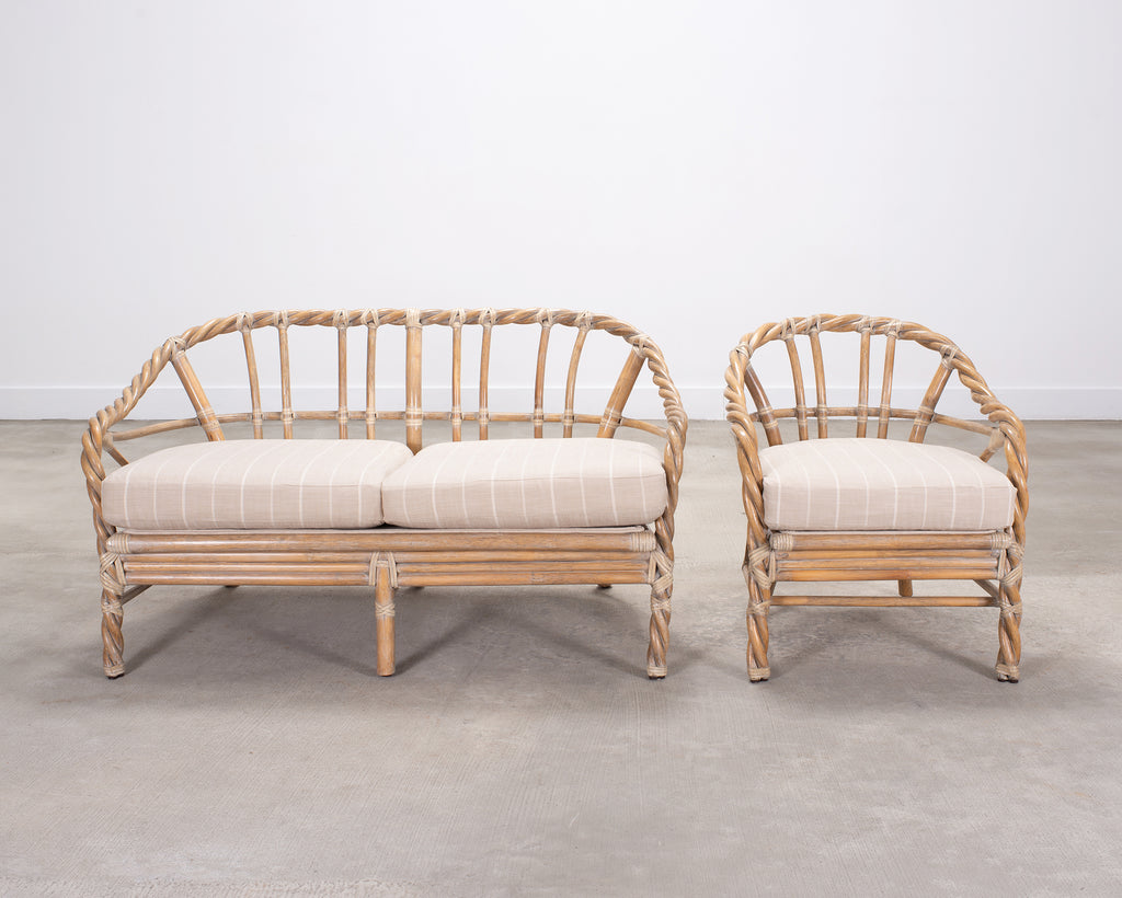 Pair of McGuire Organic Modern Cerused Twisted Rattan Settee and Lounge Chair