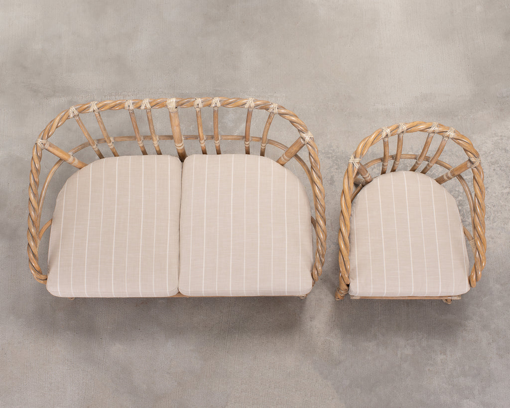 Pair of McGuire Organic Modern Cerused Twisted Rattan Settee and Lounge Chair