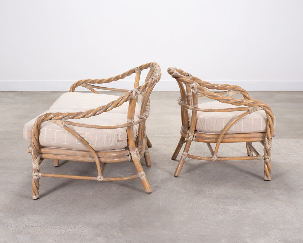 Pair of McGuire Organic Modern Cerused Twisted Rattan Settee and Lounge Chair