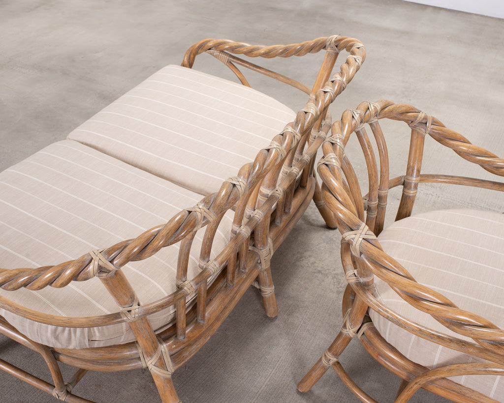 Pair of McGuire Organic Modern Cerused Twisted Rattan Settee and Lounge Chair