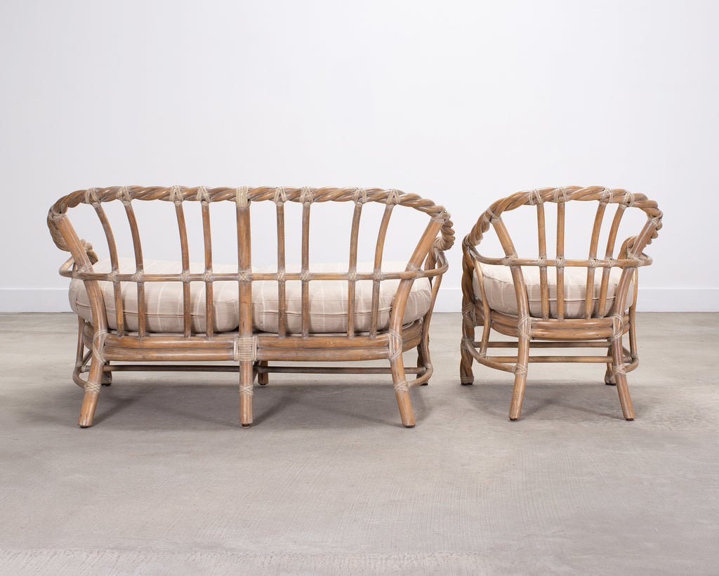 Pair of McGuire Organic Modern Cerused Twisted Rattan Settee and Lounge Chair