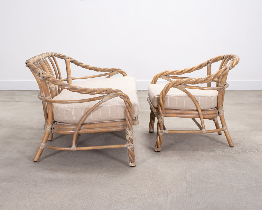 Pair of McGuire Organic Modern Cerused Twisted Rattan Settee and Lounge Chair
