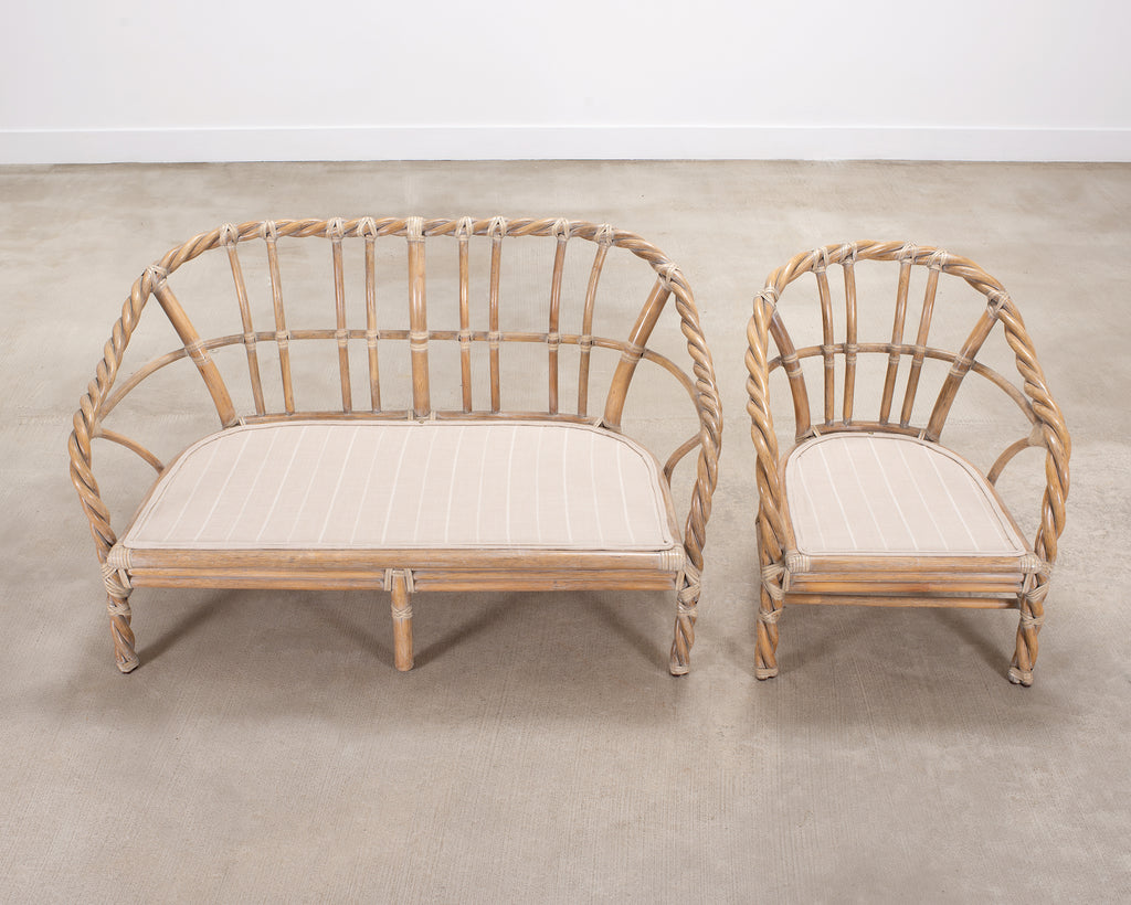 Pair of McGuire Organic Modern Cerused Twisted Rattan Settee and Lounge Chair
