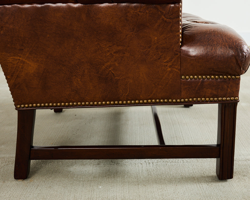 Georgian Style Tufted Cigar Leather Wingback Chair and Ottoman