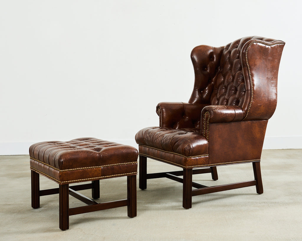 Georgian Style Tufted Cigar Leather Wingback Chair and Ottoman