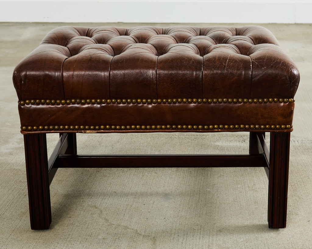 Georgian Style Tufted Cigar Leather Wingback Chair and Ottoman