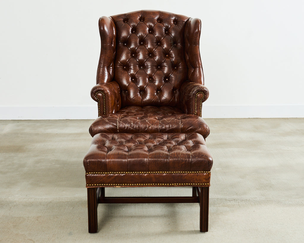 Georgian Style Tufted Cigar Leather Wingback Chair and Ottoman