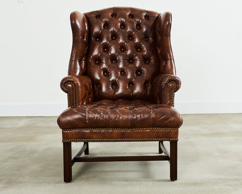 Georgian Style Tufted Cigar Leather Wingback Chair and Ottoman