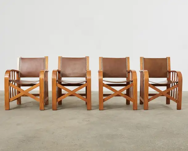 Set of Four Ralph Lauren Shelter Sky Ash Leather Sling Dining Chairs