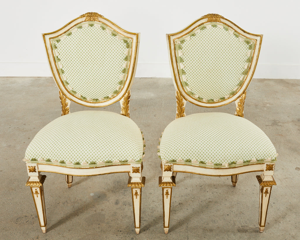 Set of Four Venetian Parcel Gilt Painted Shield Back Dining Chairs