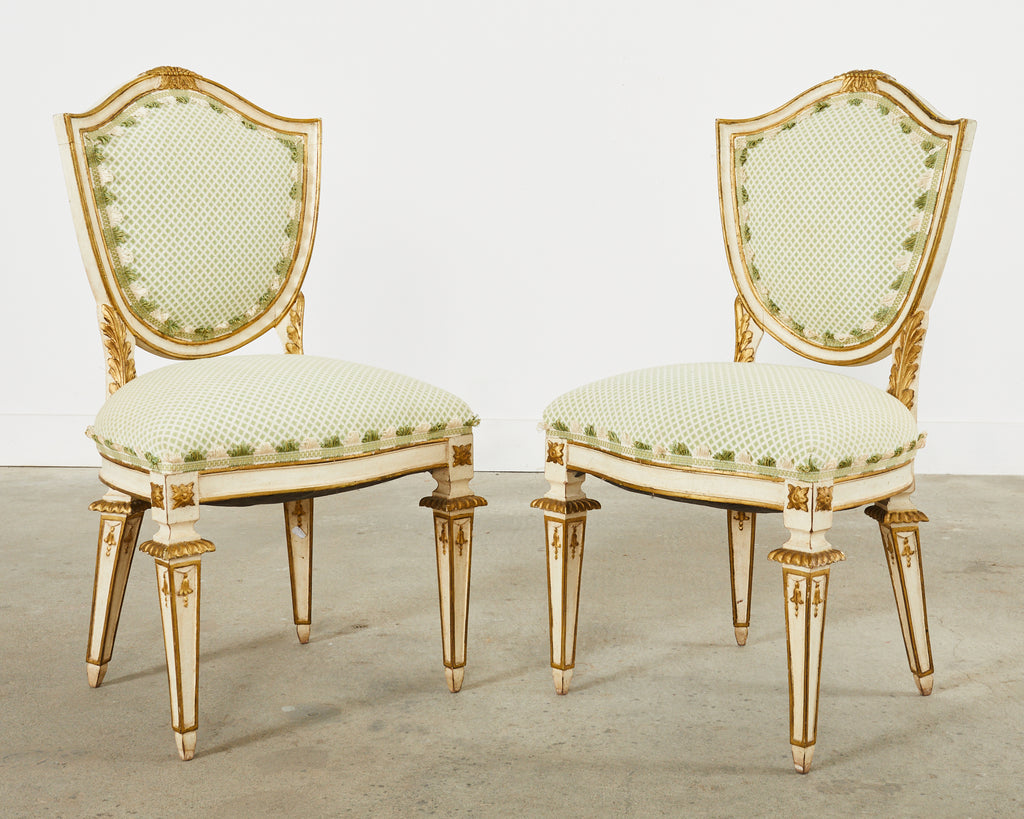 Set of Four Venetian Parcel Gilt Painted Shield Back Dining Chairs