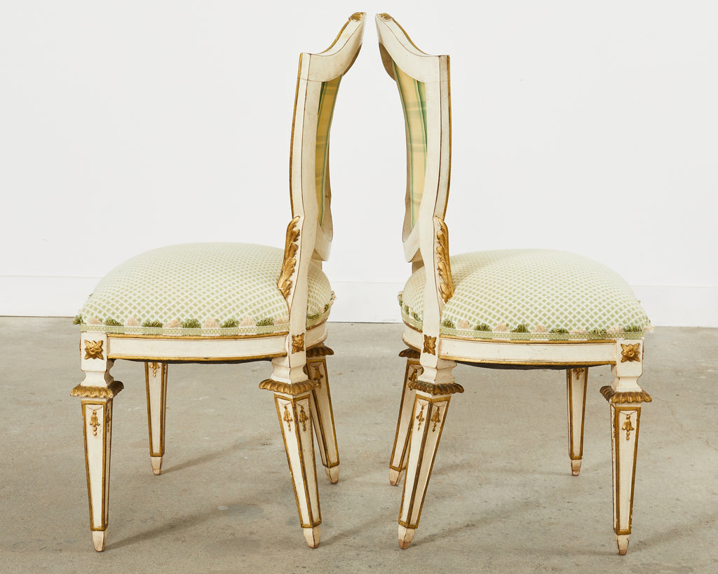 Set of Four Venetian Parcel Gilt Painted Shield Back Dining Chairs