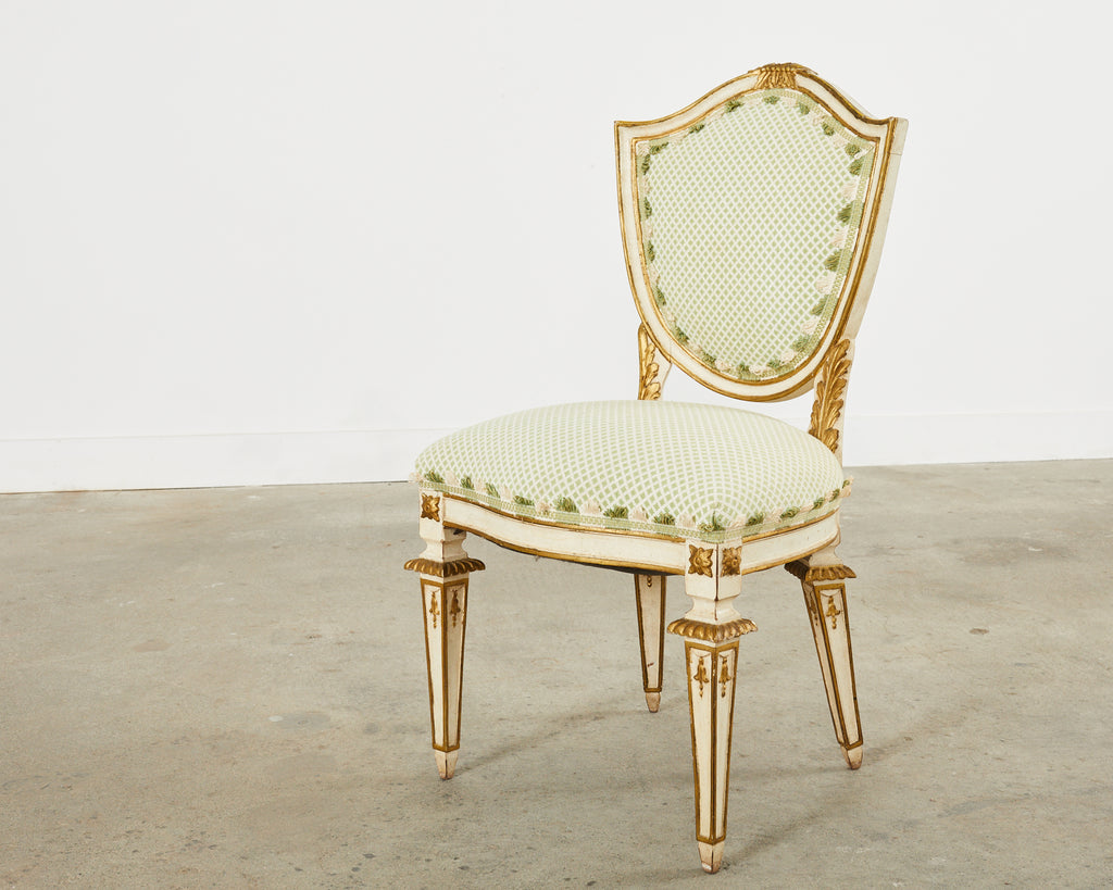 Set of Four Venetian Parcel Gilt Painted Shield Back Dining Chairs