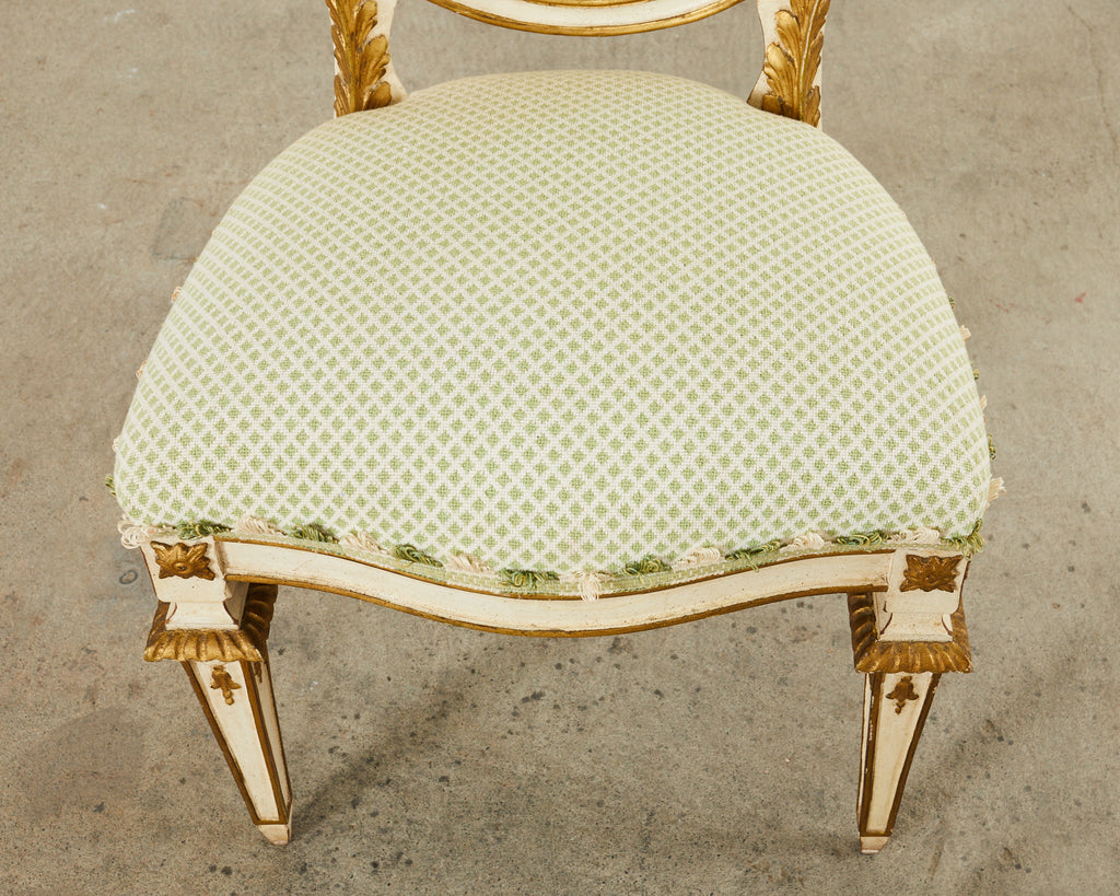 Set of Four Venetian Parcel Gilt Painted Shield Back Dining Chairs