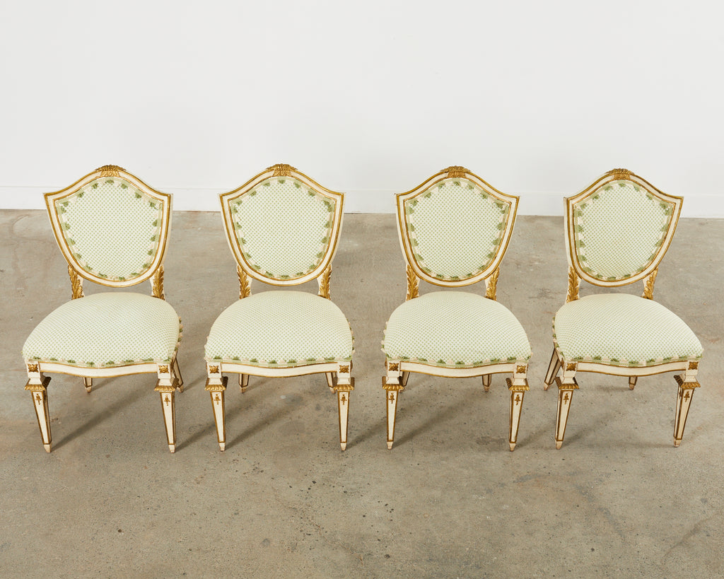Set of Four Venetian Parcel Gilt Painted Shield Back Dining Chairs
