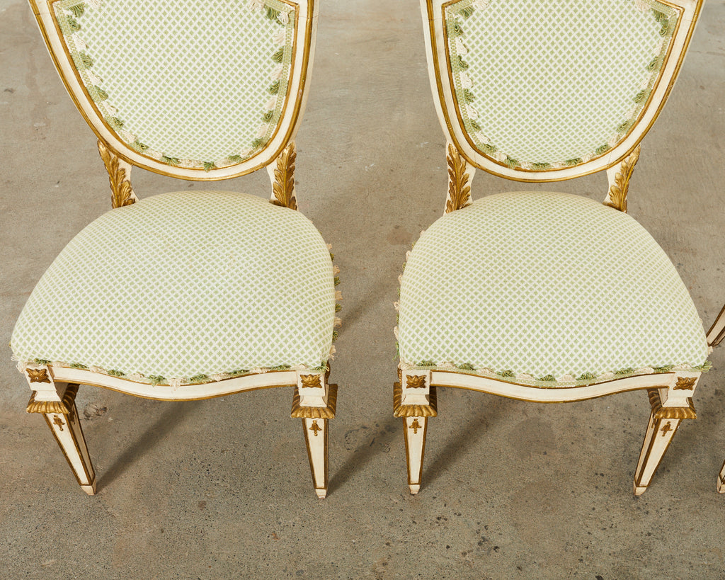 Set of Four Venetian Parcel Gilt Painted Shield Back Dining Chairs