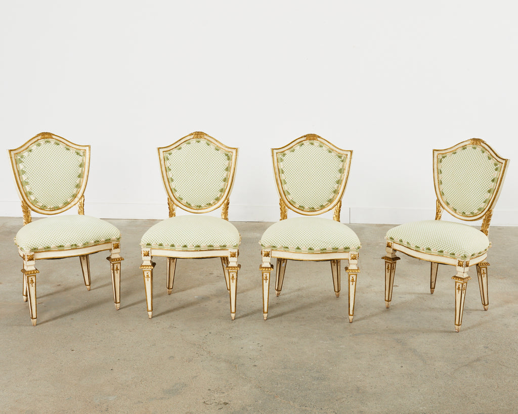 Set of Four Venetian Parcel Gilt Painted Shield Back Dining Chairs