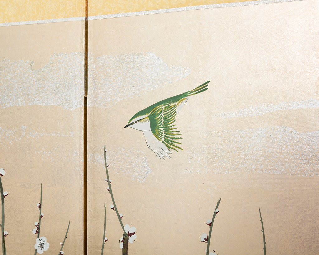Japanese Showa Four Panel Screen Prunus with Songbirds